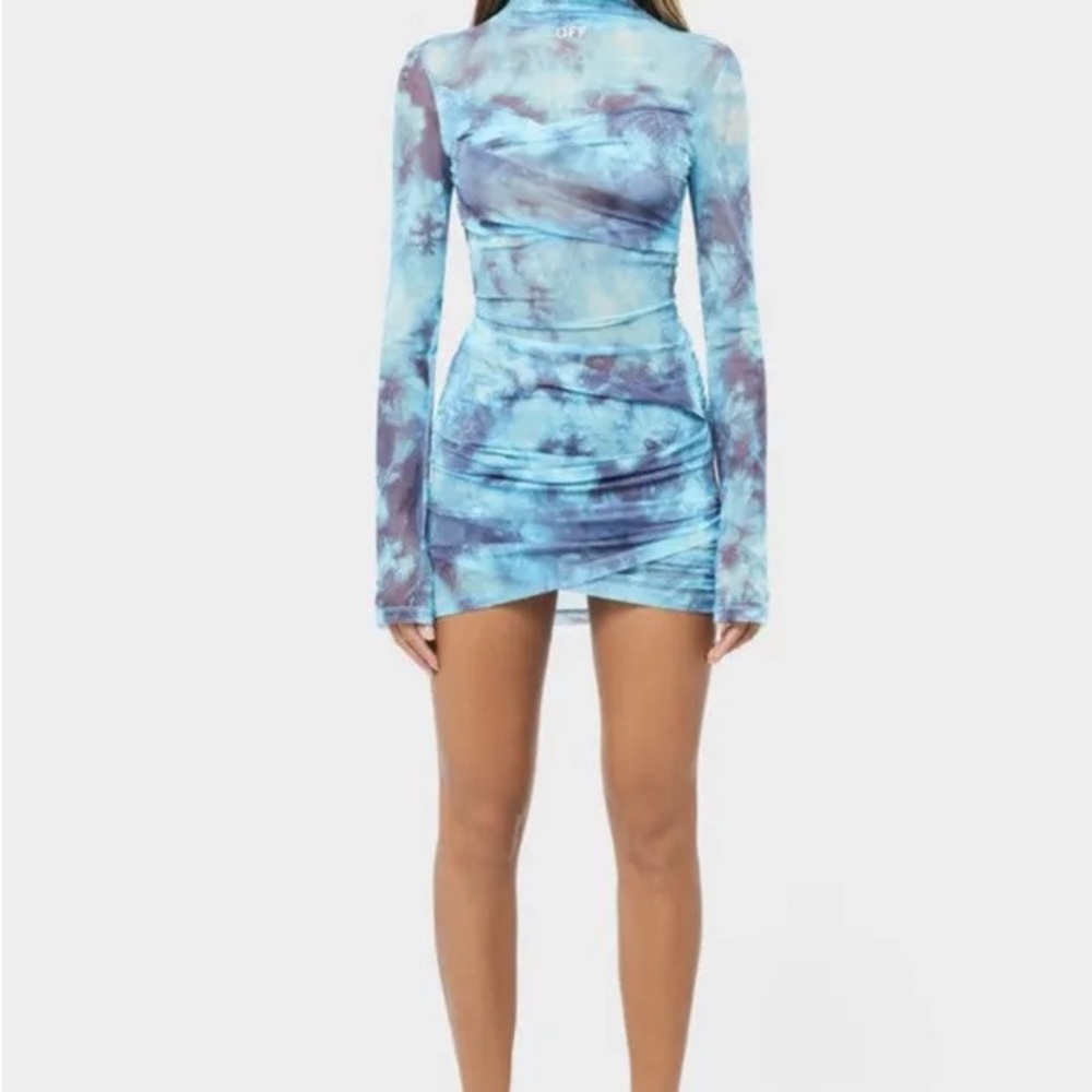 Off-white long sleeve tie-dye mesh dress in light blue.